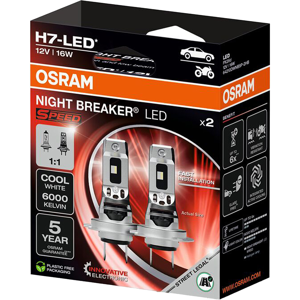 Set becuri auto OSRAM Night Breaker LED Speed, H7, 6000K, 16W, 2 buc, Omologat RAR