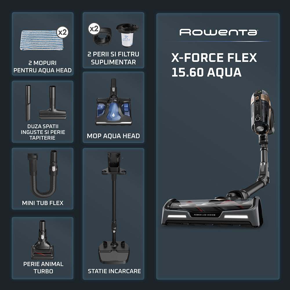 Aspirator vertical ROWENTA X-Force Flex 15.60 RH99G1WO, 0.9l, 32.4V, autonomie max 80 min, negru-auriu