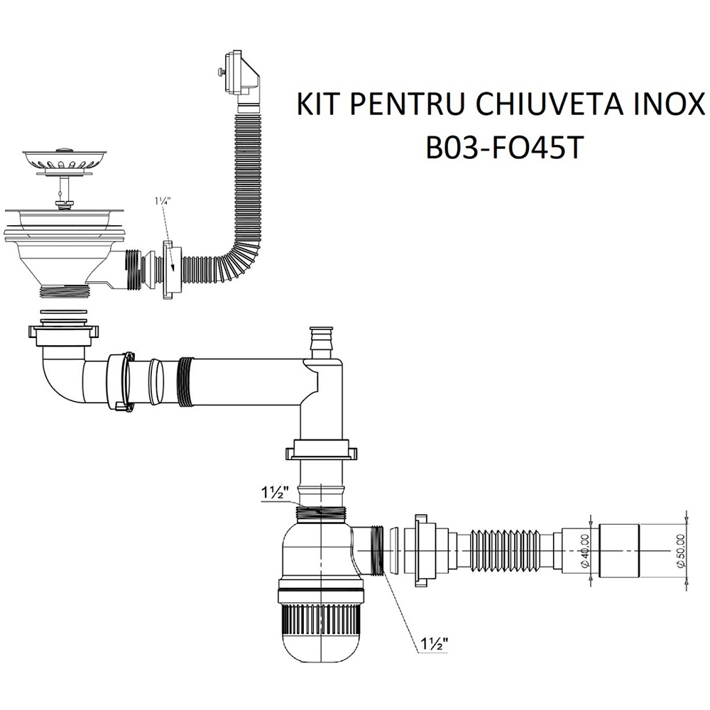 Kit scurgere chiuveta B03 FO45T, plastic si inox, alb
