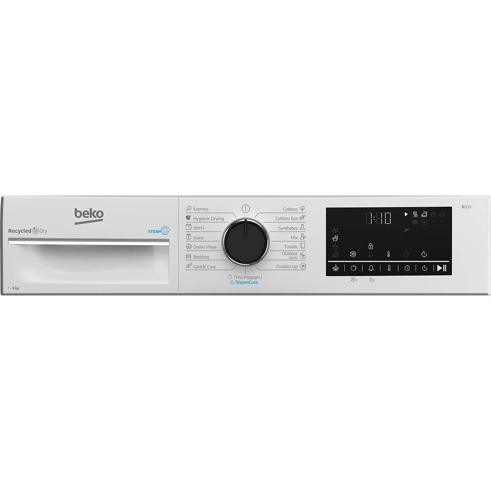 Uscator de rufe BEKO B3T48233W EU, Aquawave, Pompa de caldura, 8 kg, 15 programe, Clasa D, alb