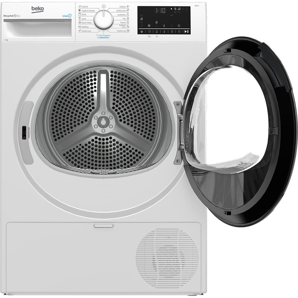 Uscator de rufe BEKO B3T48239W EU, SteamCure, Pompa de caldura, 8 kg, 15 programe, Clasa D, alb