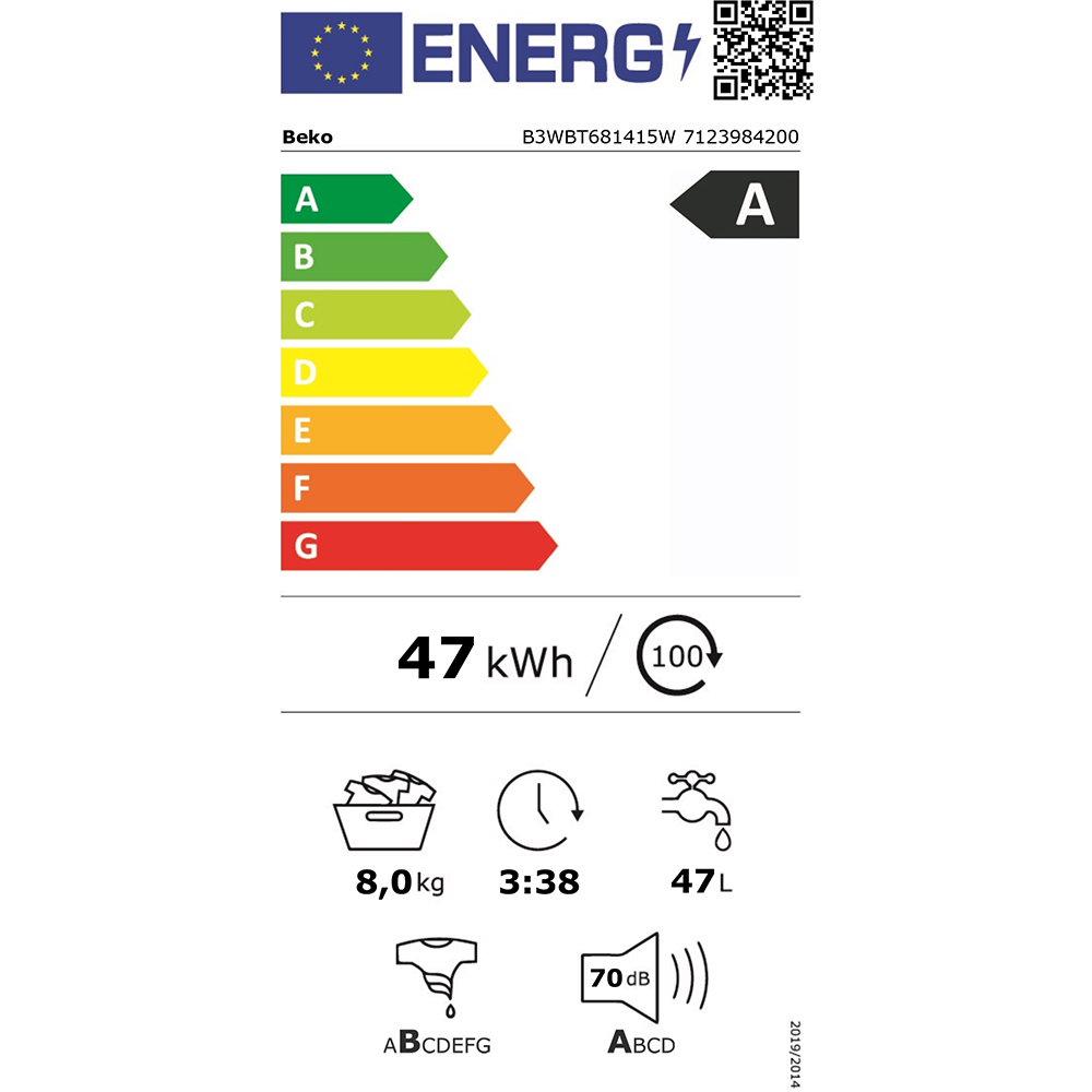 Masina de spalat rufe incorporabila BEKO B3WBT681415W, EnergySpin, SteamCure, 8 kg, 1400rpm, Clasa A, alb