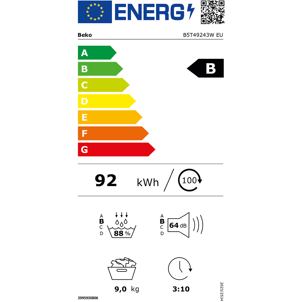 Uscator de rufe BEKO B5T49243W EU, Pompa de caldura, 9 kg, 15 programe, Clasa B, alb