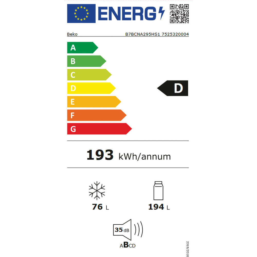 Combina frigorifica incorporabila BEKO B7BCNA295HS1, No Frost, 270 l, H 177.5 cm, Clasa D