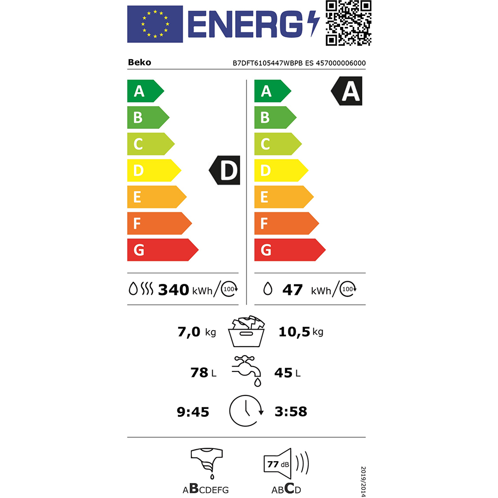 Masina de spalat rufe frontala cu uscator BEKO B7DFT6105447WBPB ES, SteamCure, 10.5/7 kg, 1400rpm, Clasa A/D, Wi-Fi, alb