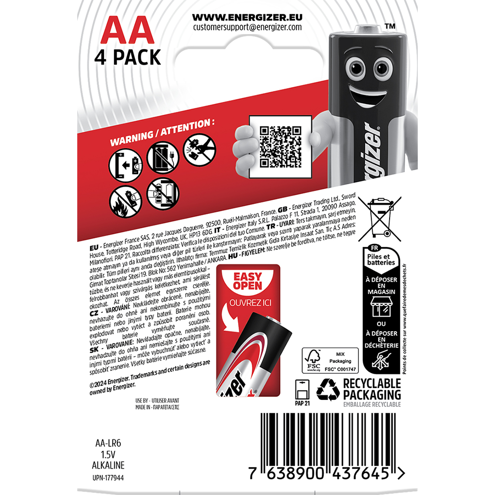Baterii alcaline ENERGIZER AA, 1.5V, 4 bucati