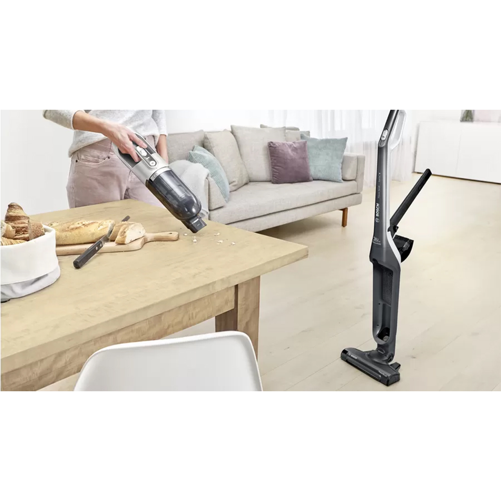 Aspirator vertical 2in1 BOSCH Flexxo Gen2 Seria 4 BCH3K2801, 0.4l, 25.2V, autonomie max 55 min, Sistem RobustAir, argintiu-negru