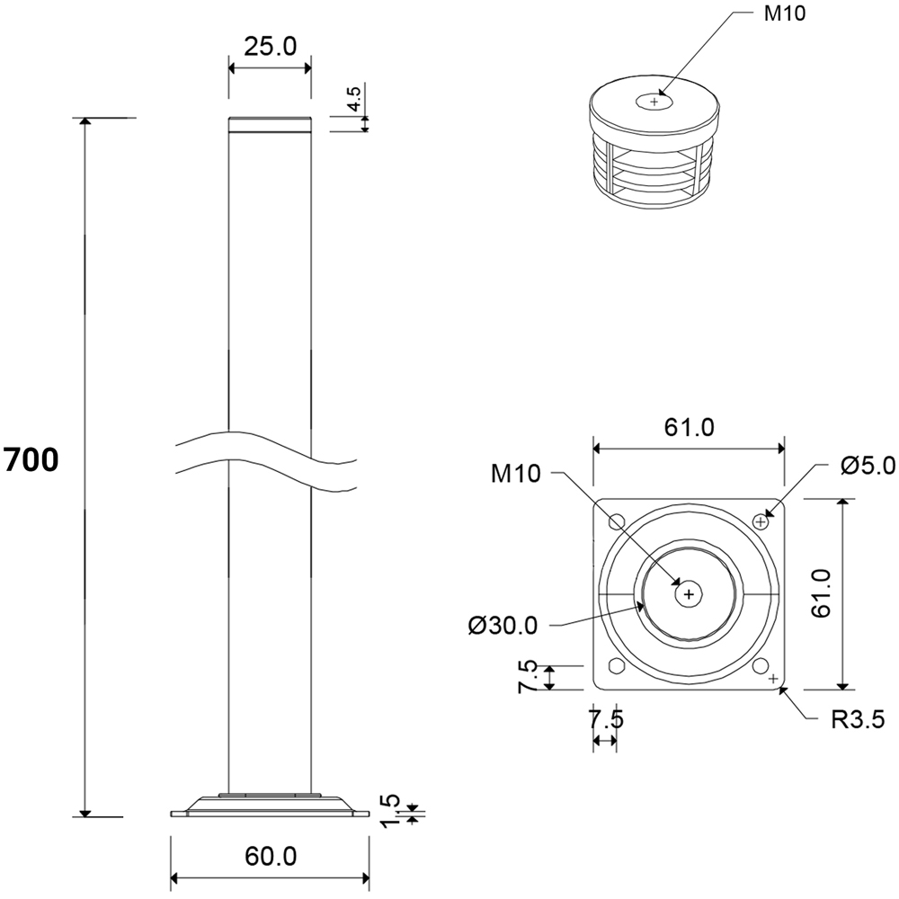 Picior mobila 112873, otel, 70 cm, alb