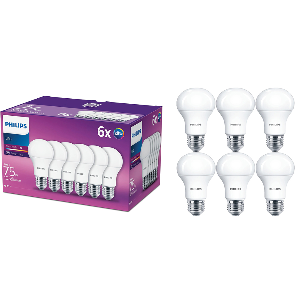 Set 6 becuri LED PHILIPS 8718696586297, E27, 11W, 1055lm, lumina calda