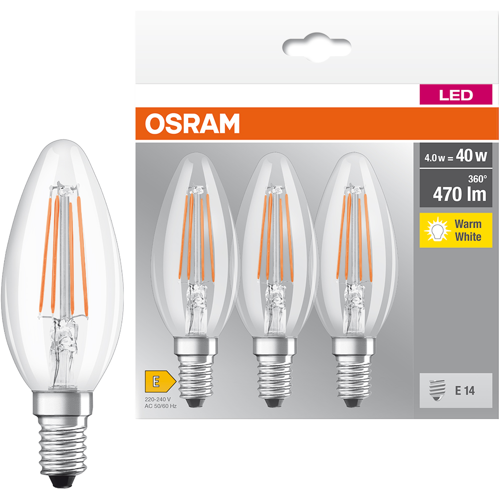 Set 3 becuri LED OSRAM filament, E14, 4W, 470lm, lumina calda