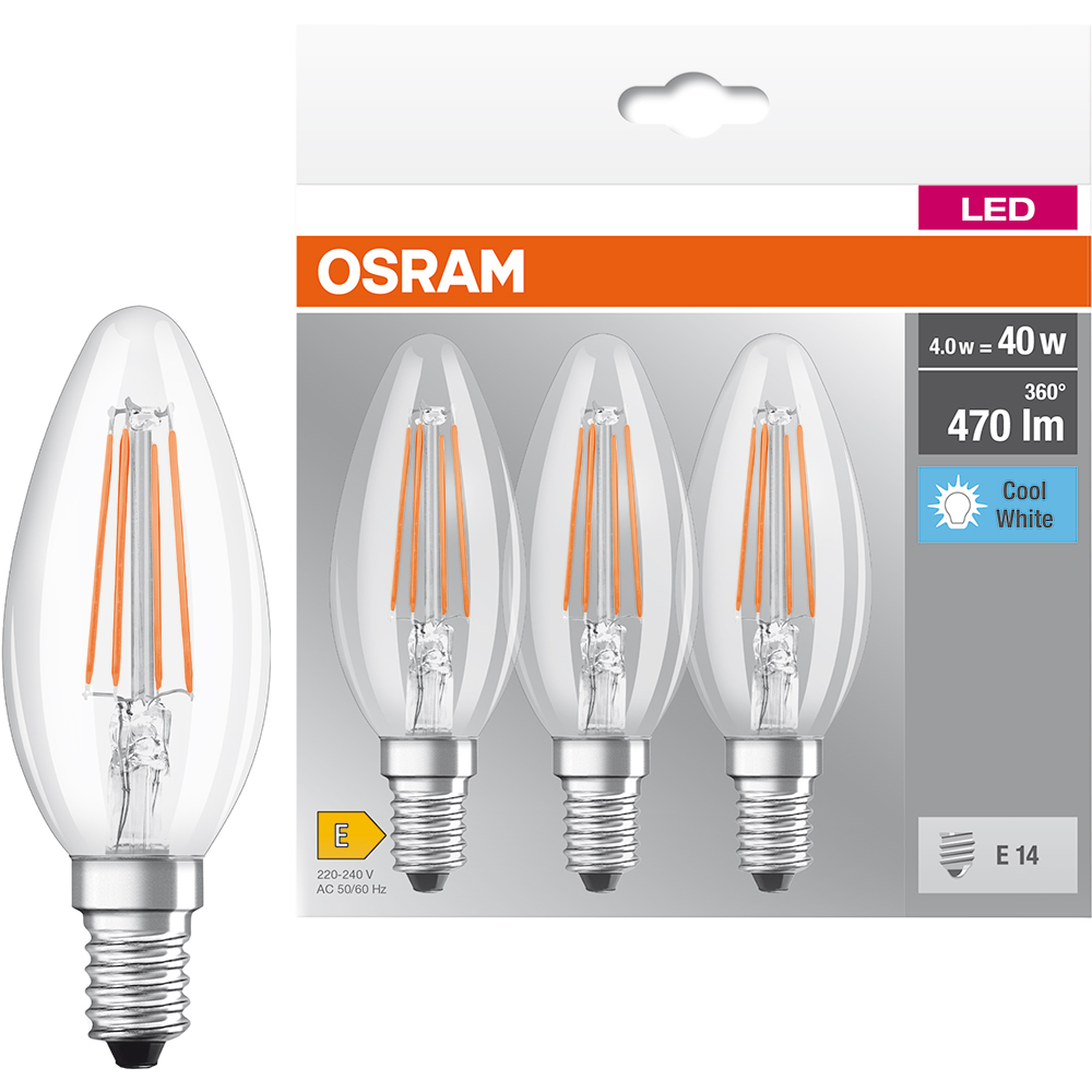 Set 3 becuri LED OSRAM filament, E14, 4W, 470lm, lumina neutra