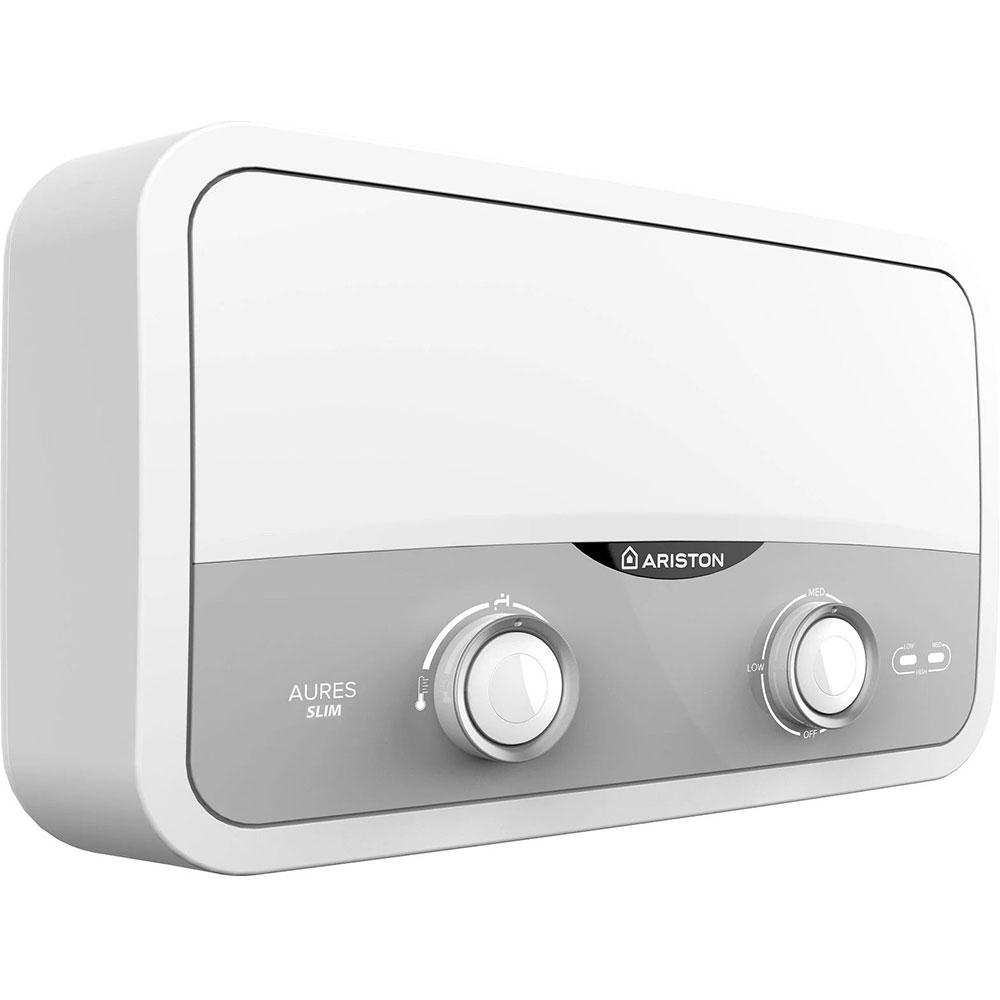 Instant apa calda electric ARISTON Aures Slim Flow, 3.9 l/min, 5500W, IP25, Limitator dublu termic, alb-gri