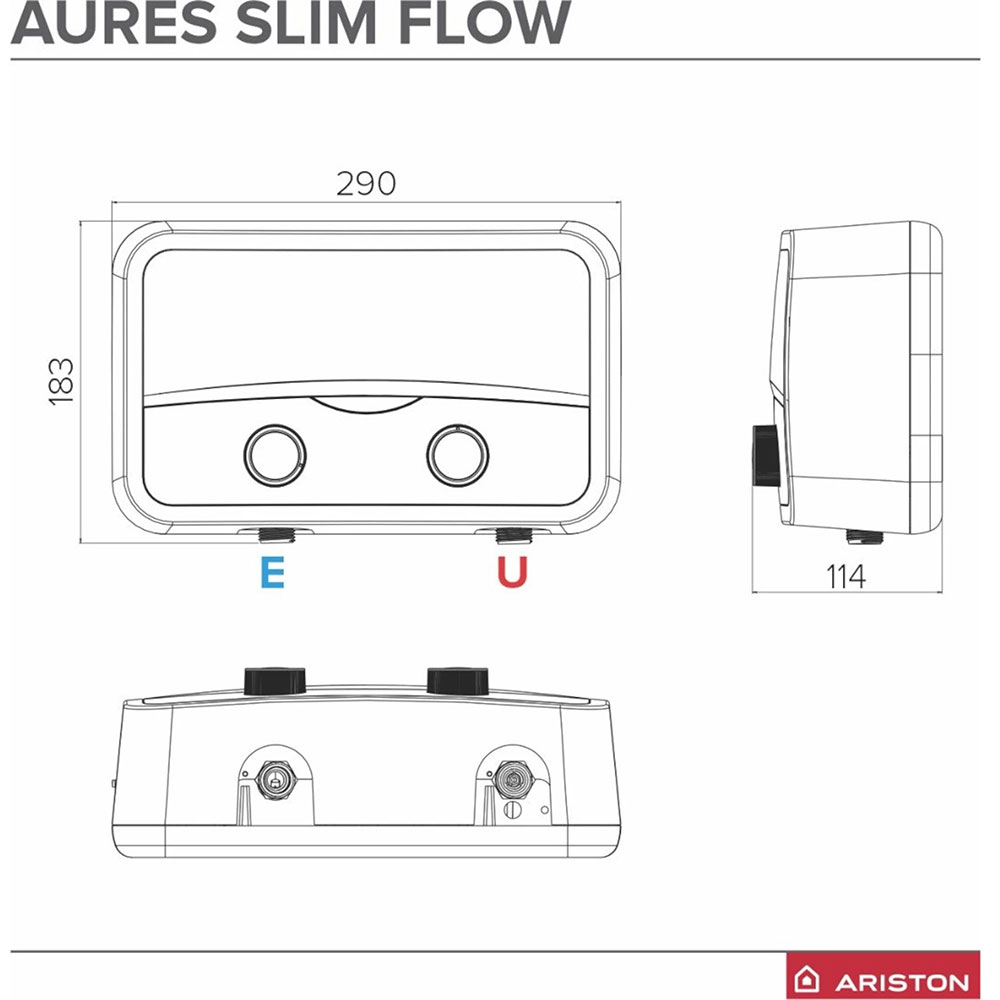 Instant apa calda electric ARISTON Aures Slim Flow, 3.9 l/min, 5500W, IP25, Limitator dublu termic, alb-gri