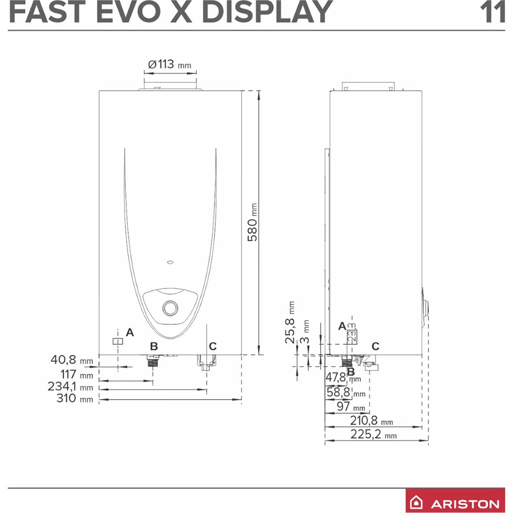 Instant apa calda pe gaz GN ARISTON FAST EVO X DISPLAY ONT 11 NG EU, 11l/min, 21.5kW, NTC, Senzor siguranta, alb