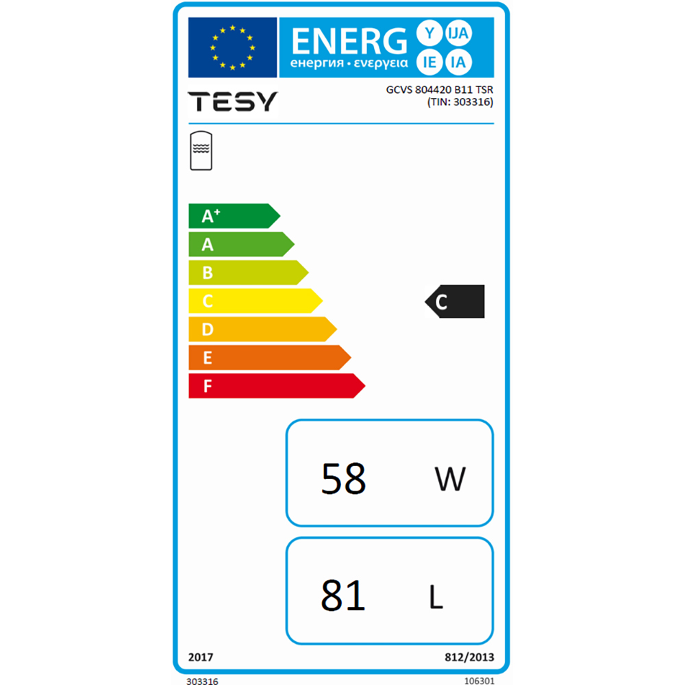 Boiler termo-electric vertical TESY BiLight cu 1 serpentina GCVS 804420 B11 TSR, 80l, 2000W, alb