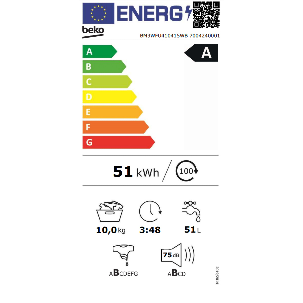 Masina de spalat rufe frontala BEKO BM3WFU410415WB, EnergySpin, 10 kg, 1400rpm, Clasa A, alb