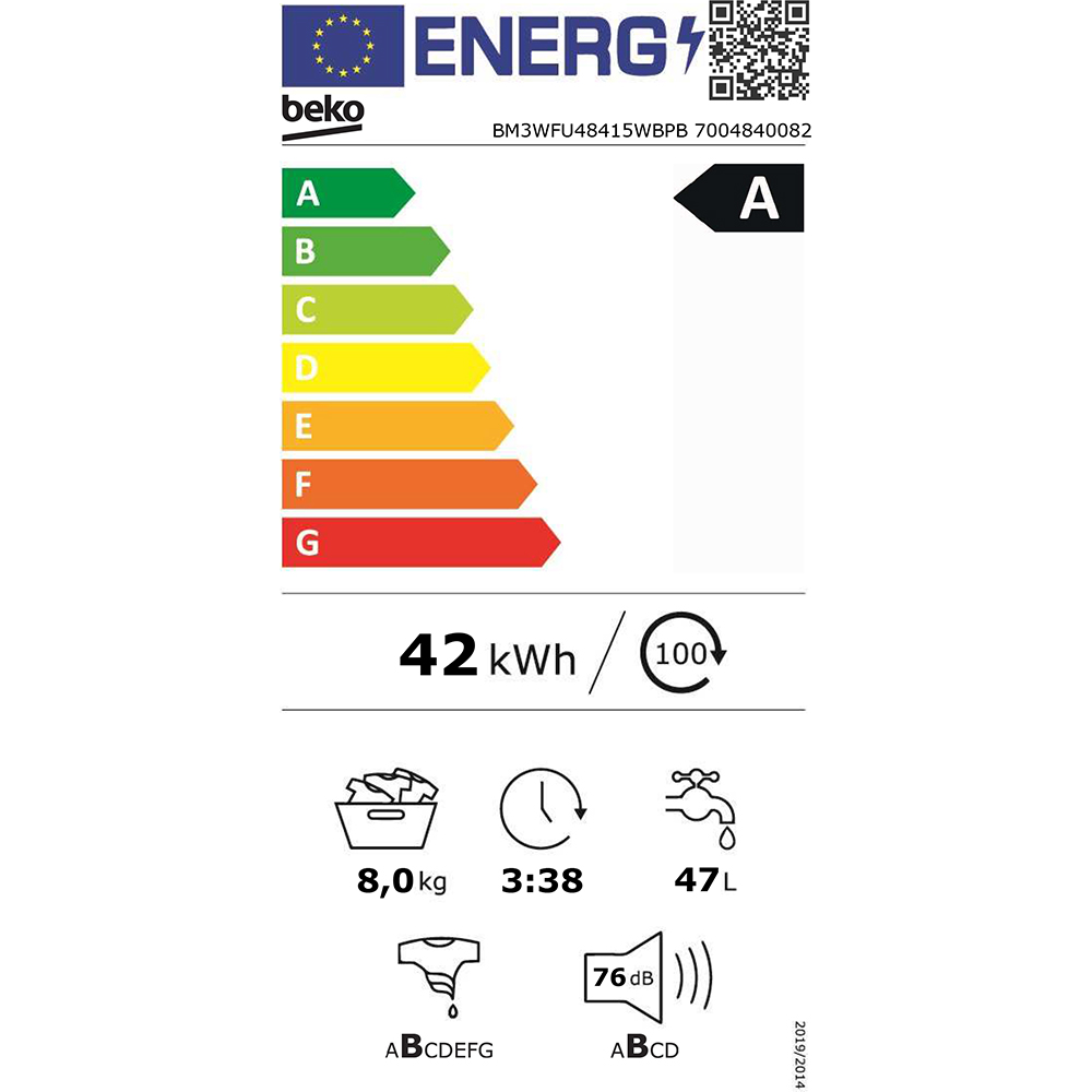 Masina de spalat rufe frontala BEKO BM3WFU48415WBPB, EnergySpin, SteamCure, 8 kg, 1400rpm, Clasa A, alb kg