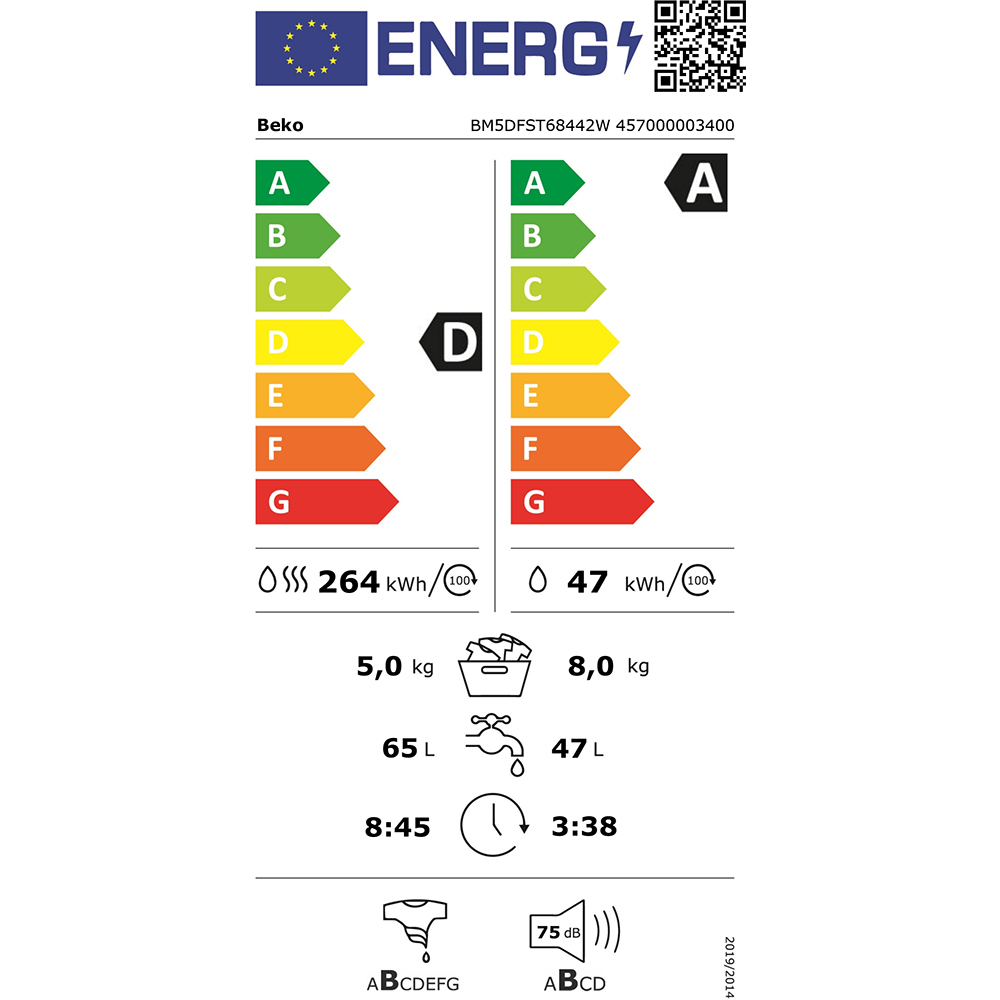 Masina de spalat rufe frontala cu uscator BEKO BM5DFST68442W, SteamCure, 8/5 kg, 1400 rpm, Clasa A/D, alb