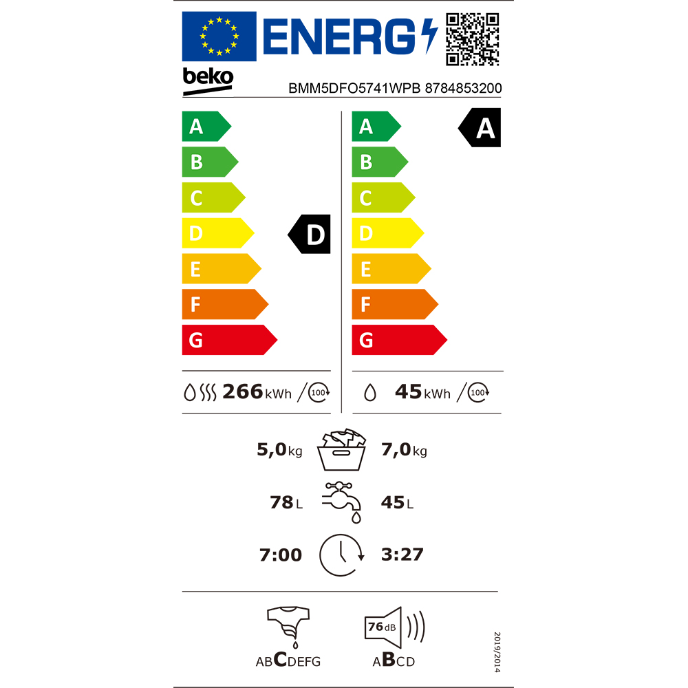 Masina de spalat rufe frontala cu uscator BEKO BMM5DFO5741WPB, SteamCure, 7/5 kg, 1400rpm, Clasa A/D, alb