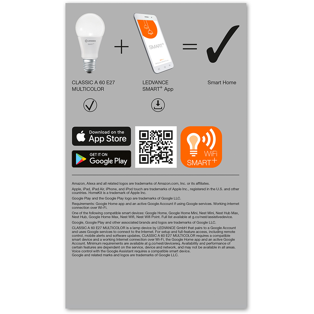 Bec LED Smart LEDVANCE Classic, E27, 9W, 806lm, Dimabil, Wi-Fi, lumina variabila, compatibil Alexa, Google Assistant