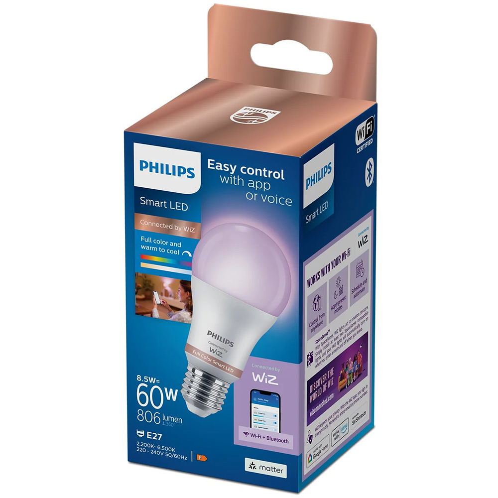 Bec LED Smart PHILIPS 8720169170933, E27, 8.5W, 806lm, Wi-Fi, lumina variabila, compatibil Alexa, Google Assistant