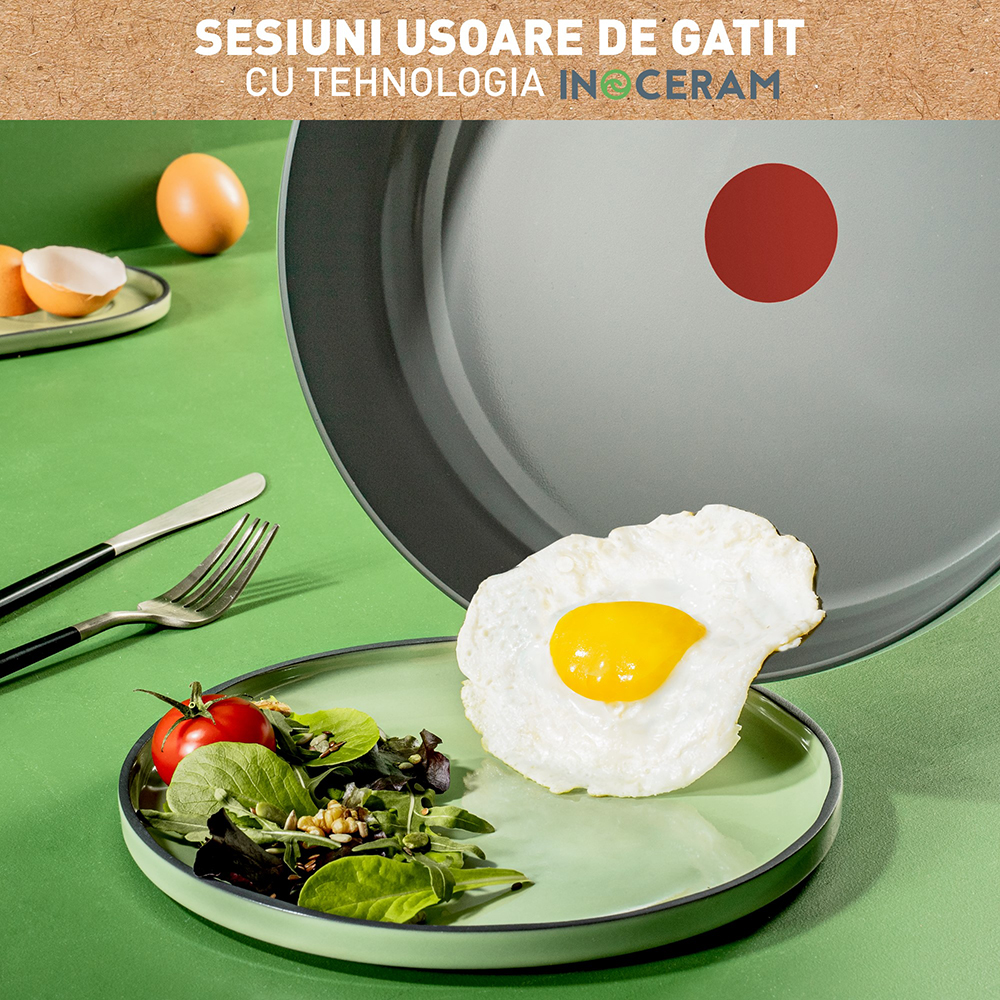 Tigaie TEFAL Renew+, 28 cm, aluminiu reciclat, Thermo-Signal, invelis ceramic, gri