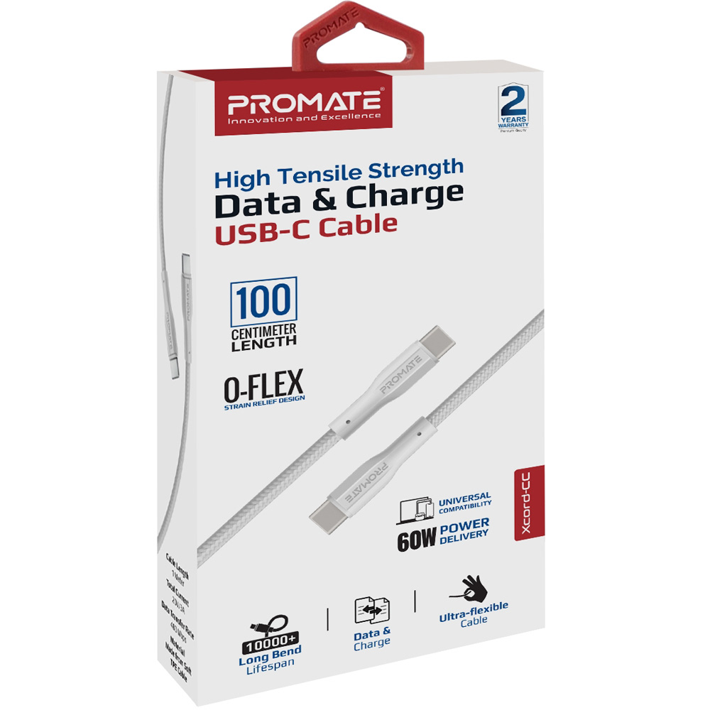 Cablu date PROMATE XCord-CC, USB-C - USB-C, Power Delivery (PD) 60W, 1m, alb