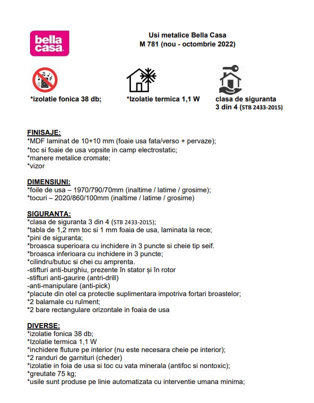 Usa de intrare pentru apartament BELLA CASA M781, fara geam, stanga, metal, 89 x 202 cm, antracit