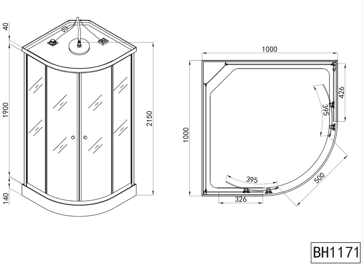 Cabina de dus cu hidromasaj VENUS, semirotunda, profil metalic, sticla securizata, 100 x 100 x 215 cm, alb