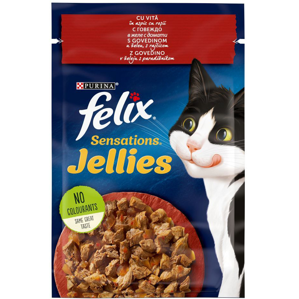 Hrana umeda pentru pisici FELIX Sensations Jellies, Adult, Vita in aspic cu rosii, 85 g