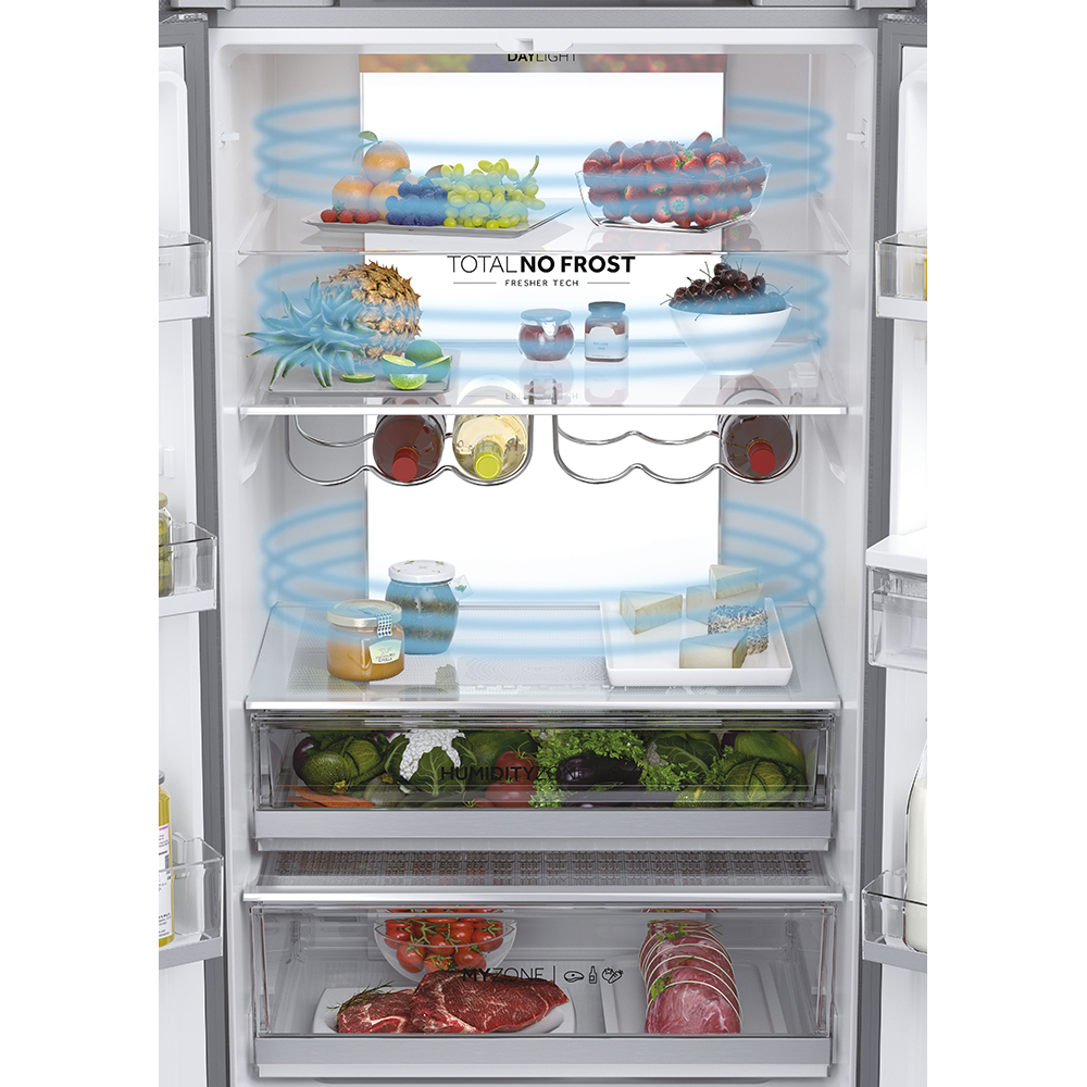 Side by Side HAIER HFR7720DWMP, Total No Frost, 477 l, H 201 cm, Clasa D, Dozator apa, inox