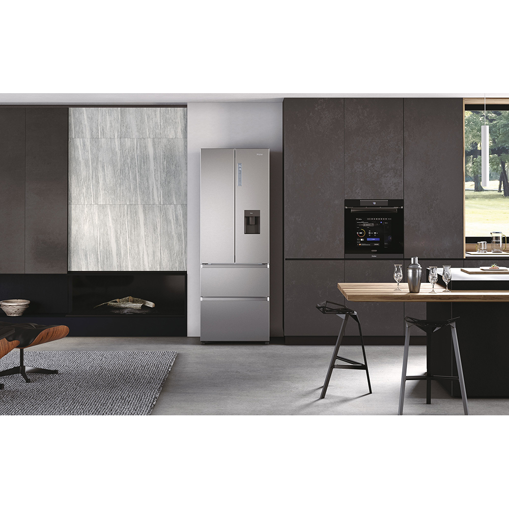 Side by Side HAIER HFR7720DWMP, Total No Frost, 477 l, H 201 cm, Clasa D, Dozator apa, inox