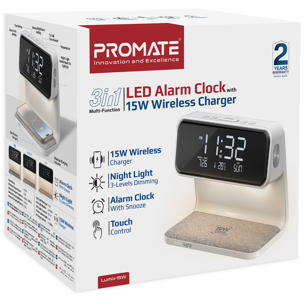 Ceas desteptator cu incarcare wireless pentru telefon, 15W, PROMATE Lumix,, alb
