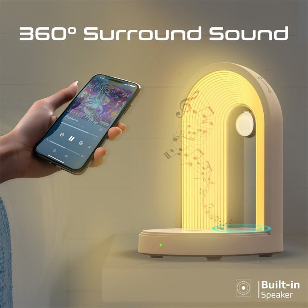 Lampa de birou cu LED PROMATE Globe-Qi, 15W, boxa bluetooth, incarcator wireless, alb