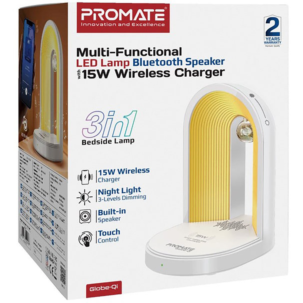 Lampa de birou cu LED PROMATE Globe-Qi, 15W, boxa bluetooth, incarcator wireless, alb