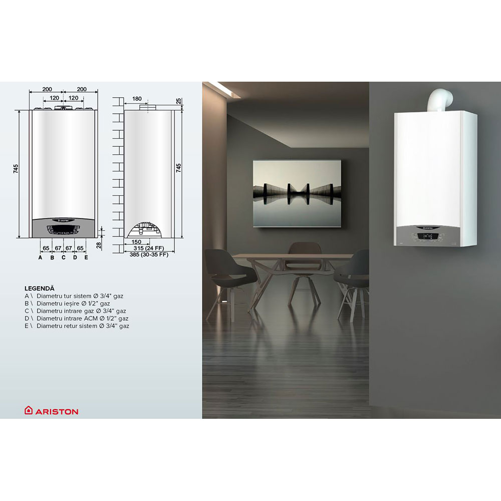 Centrala termica pe gaz in condensare ARISTON Clas One+, 35 kW, Wi-Fi, Schimbator de caldura inox, Kit evacuare inclus