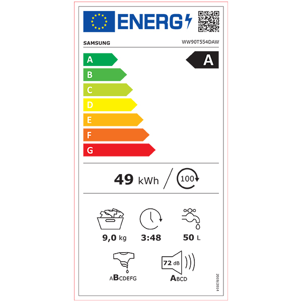 Masina de spalat rufe frontala SAMSUNG WW90T554DAW/S7, AI Control, Eco Bubble, 9 kg, 1400rpm, Clasa A, alb