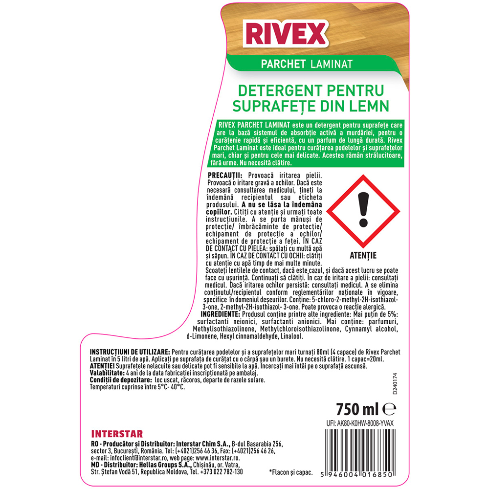 Solutie curatare parchet RIVEX Cedru, 750 ml