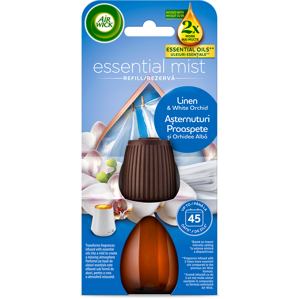 Rezerva pentru difuzor de parfum cu uleiuri esentiale AIR WICK Aroma Mist, Asternuturi proaspete si Orhidee Alba, 20 ml