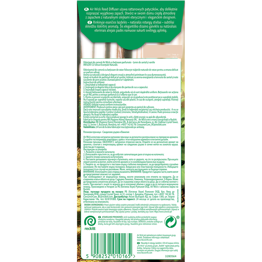 Odorizant cu betisoare AIR WICK, Lemn de Santal & Vanilie, 30 ml