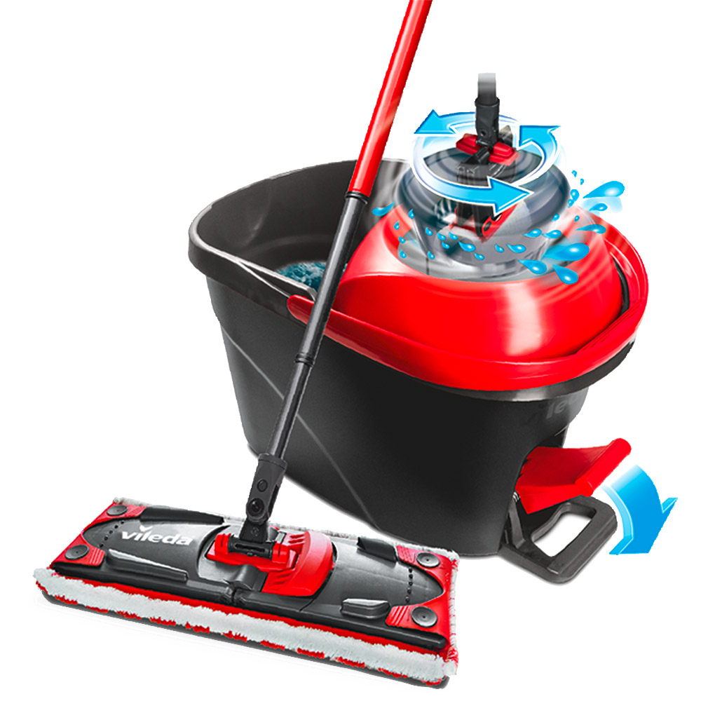 Set galeata cu storcator + mop + maner VILEDA Easy Wring Ultramat Turbo, negru-rosu