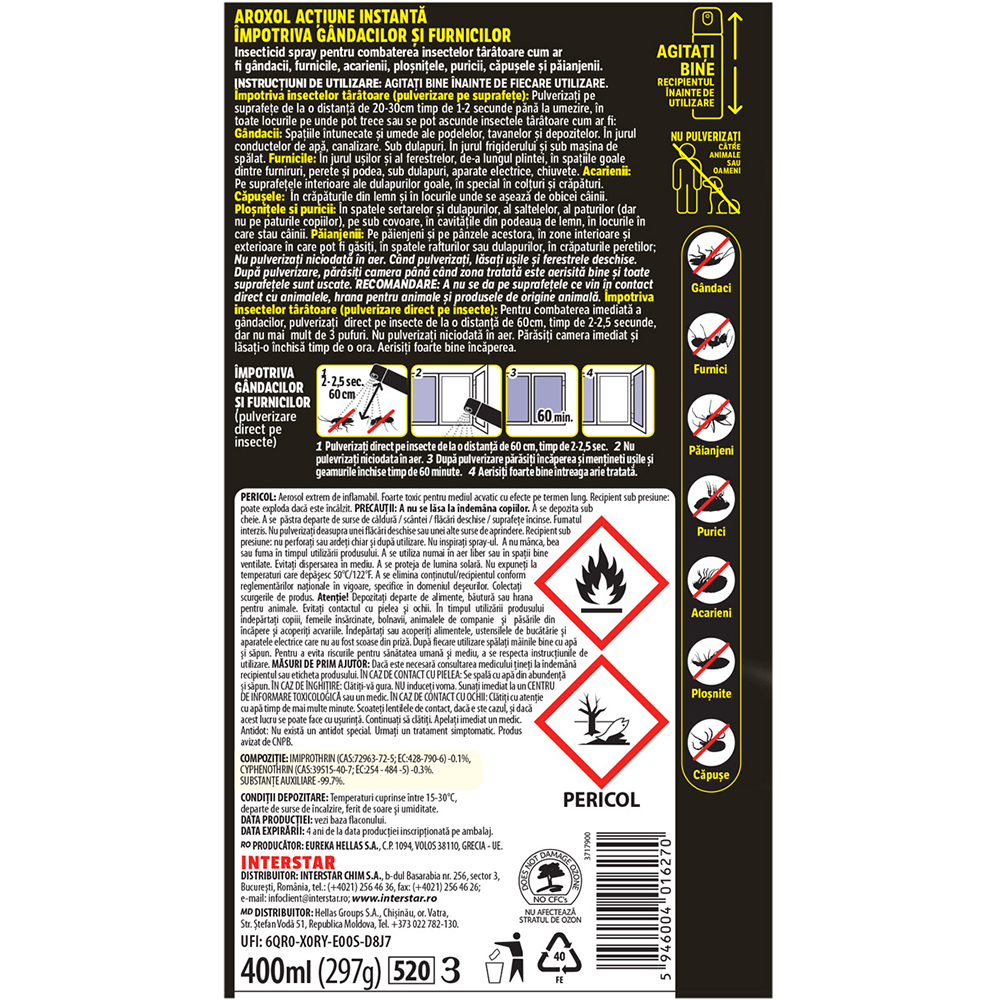 Spray actiune instanta impotriva gandacilor si furnicilor AROXOL, 400 ml