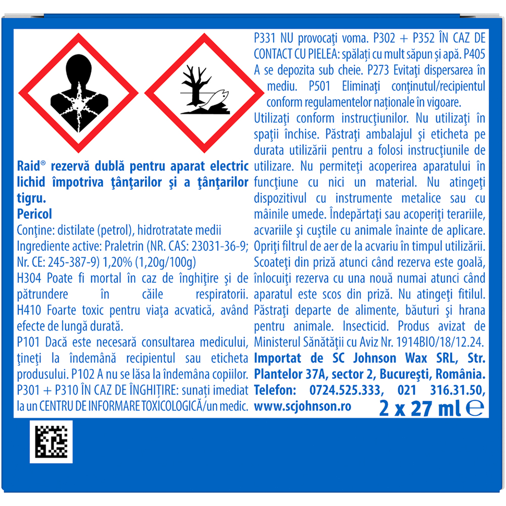 Set rezerve aparat electric anti-tantari RAID, 90 Nopti, 2 x 27 ml