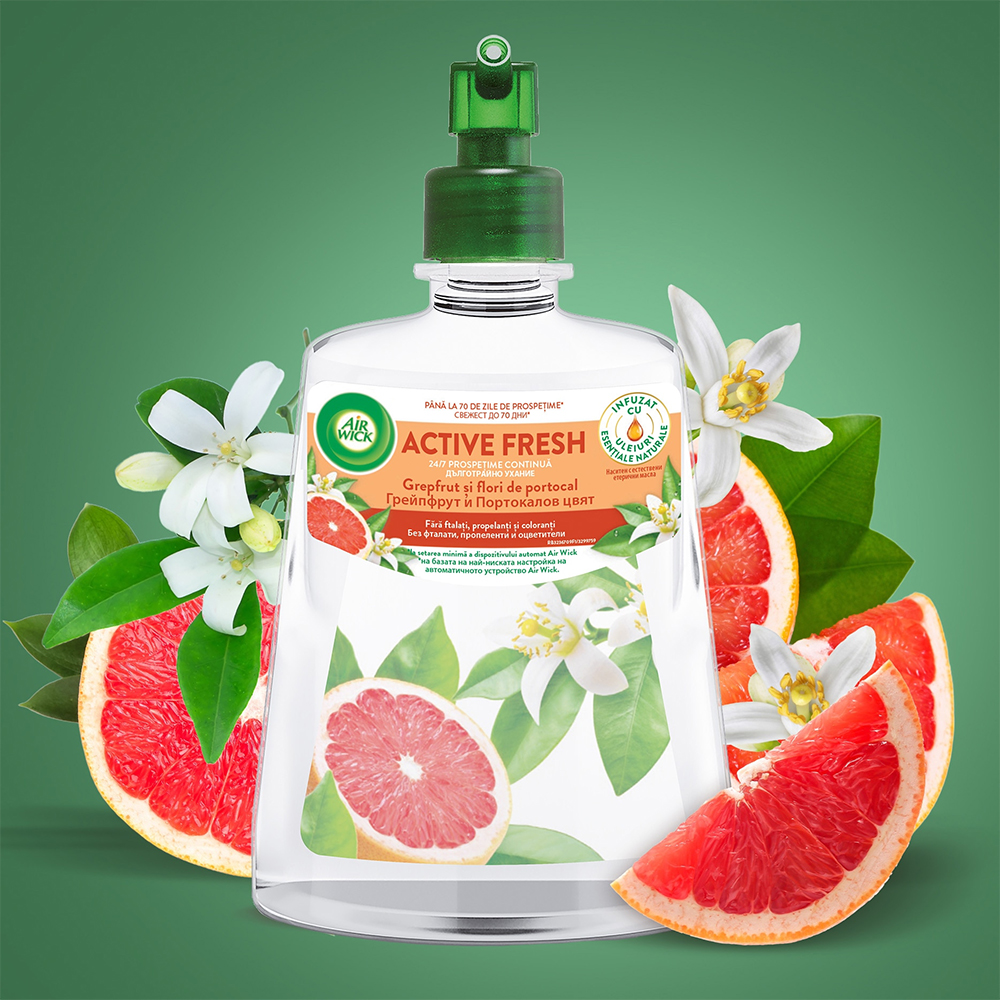 Rezerva odorizant de camera spray automat fara aerosoli AIR WICK Naturmatic, Grepfrut si Flori de portocal, 228 ml