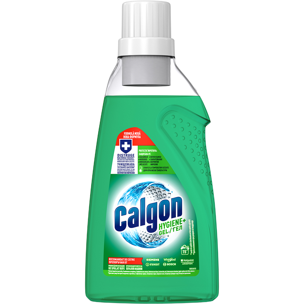 Solutie gel anticalcar cu rol antibacterian pentru masina de spalat CALGON Hygiene+, 750 ml, 15 spalari