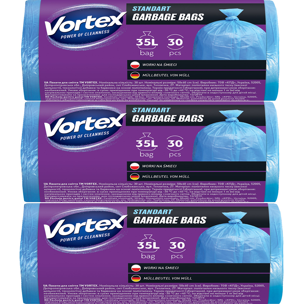 Set saci menajeri standard VORTEX, 3 x 30 bucati, 35 l, albastru
