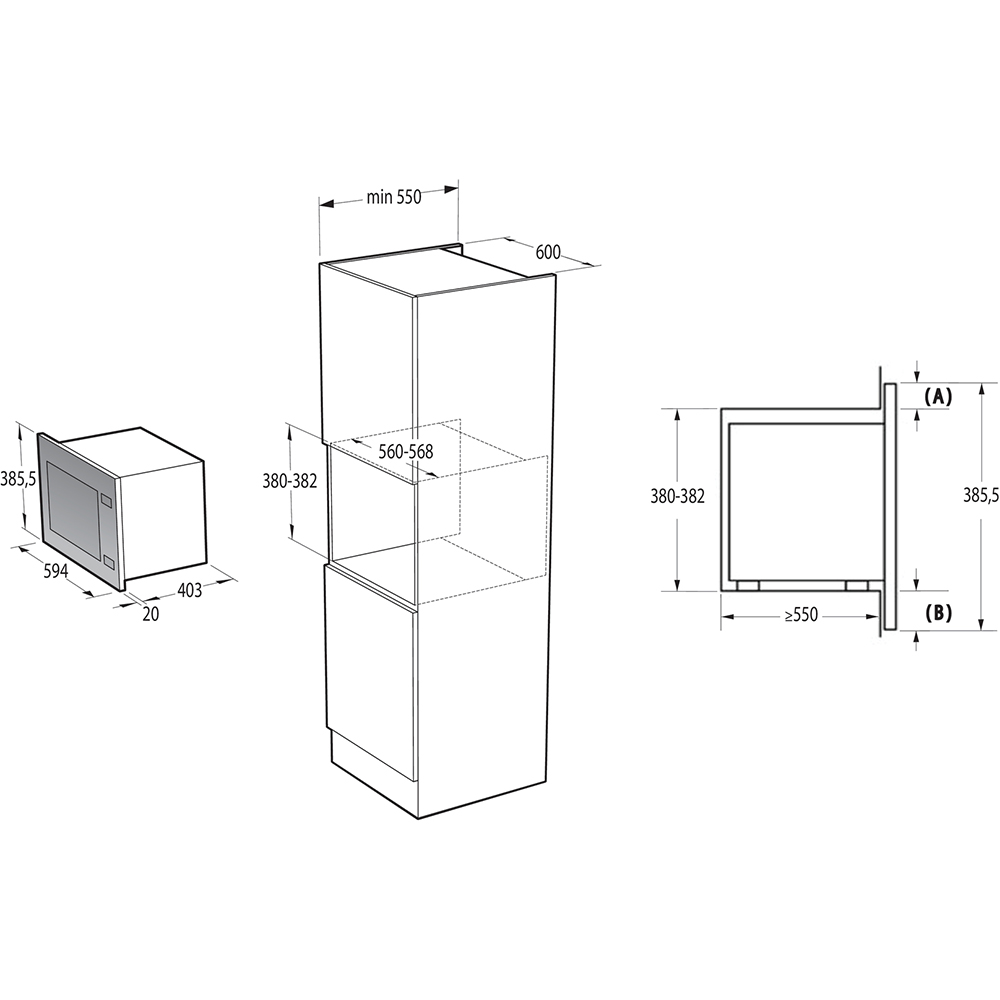 Cuptor cu microunde incorporabil GORENJE BMI251SG3BG, 25l, 900W, Grill, negru