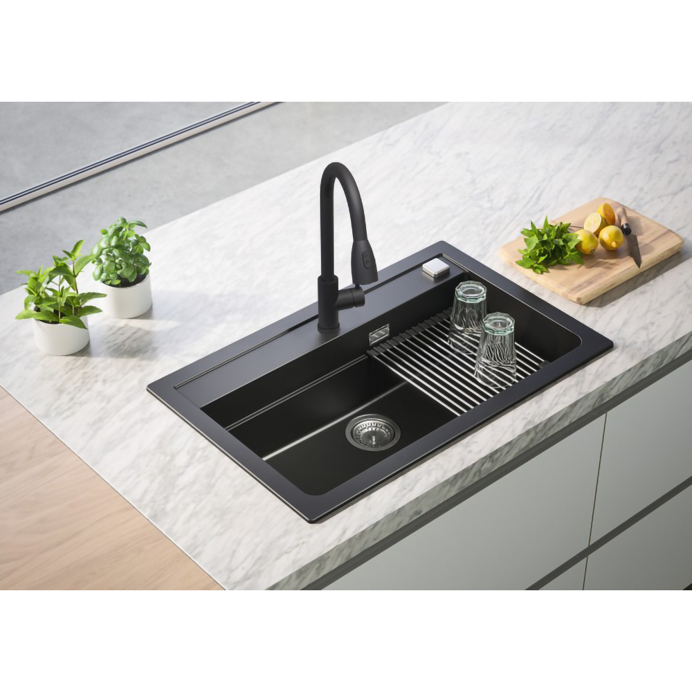 Pachet chiuveta ALVEUS Atrox 40 G91, 1 cuva, compozit granit + baterie Primrose G91, negru