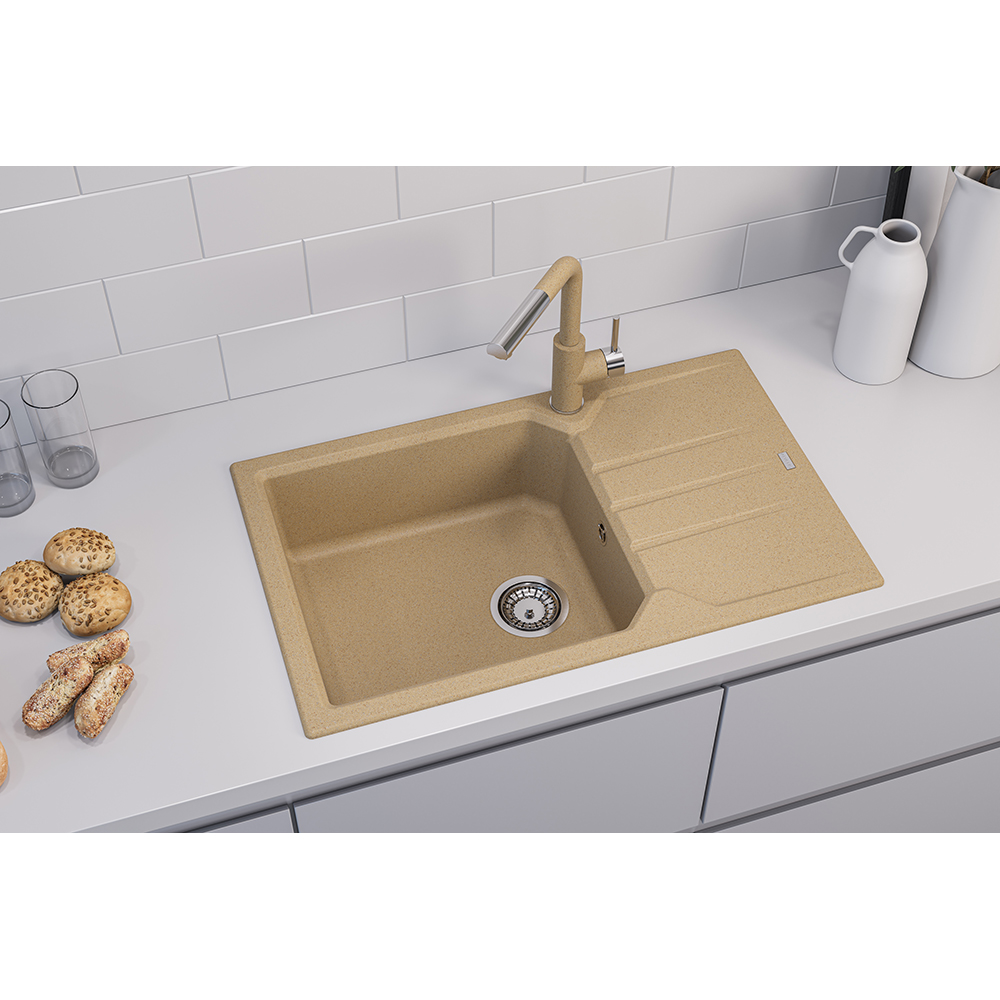 Pachet chiuveta ALVEUS Record 40 G55, 1 cuva, picurator reversibil, compozit granit + baterie Flexa + dozator, bej