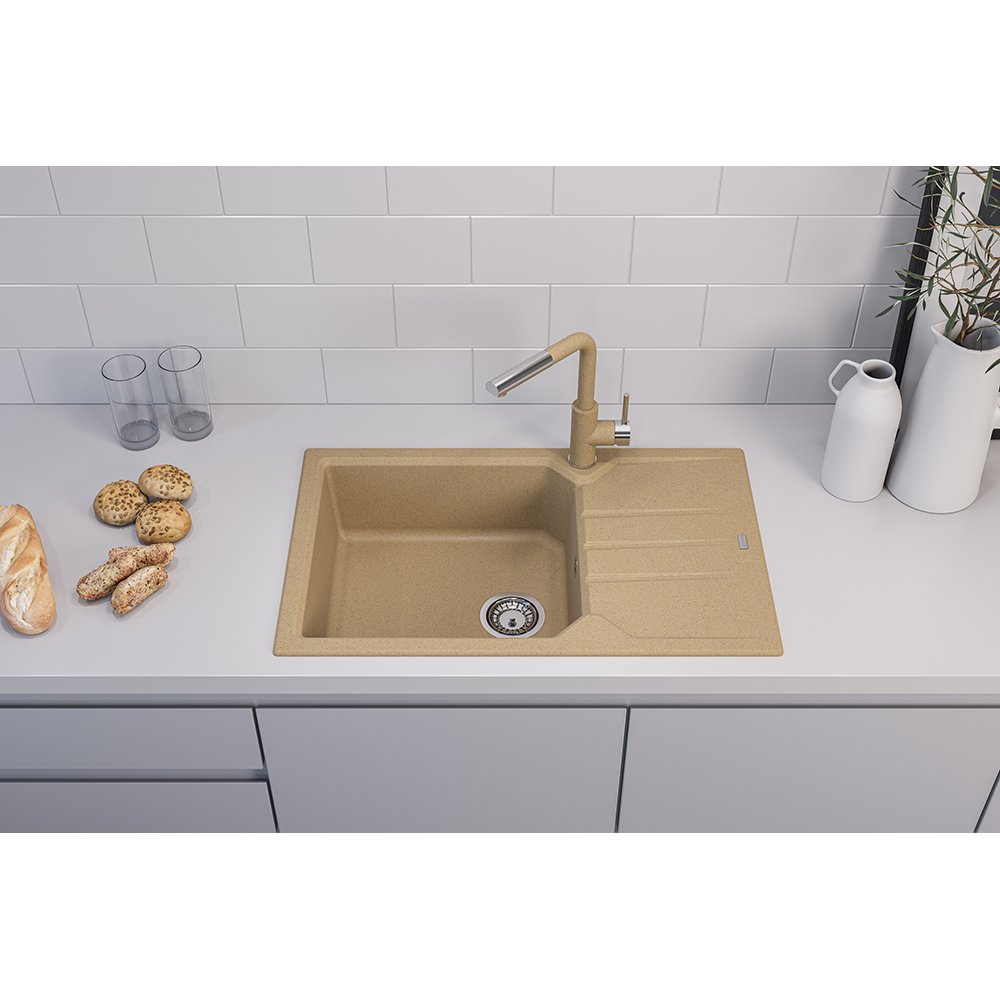 Pachet chiuveta ALVEUS Record 40 G55, 1 cuva, picurator reversibil, compozit granit + baterie Flexa + dozator, bej
